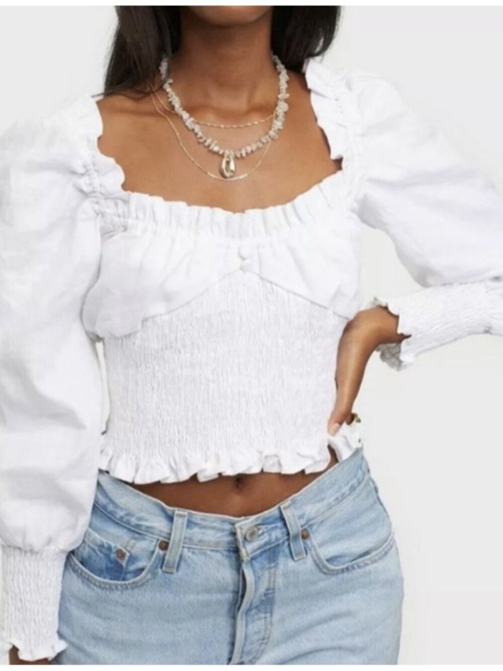 Faithfull the Brand Bel Rose White Smocked Off Shoulder Crop Top Size L NWT